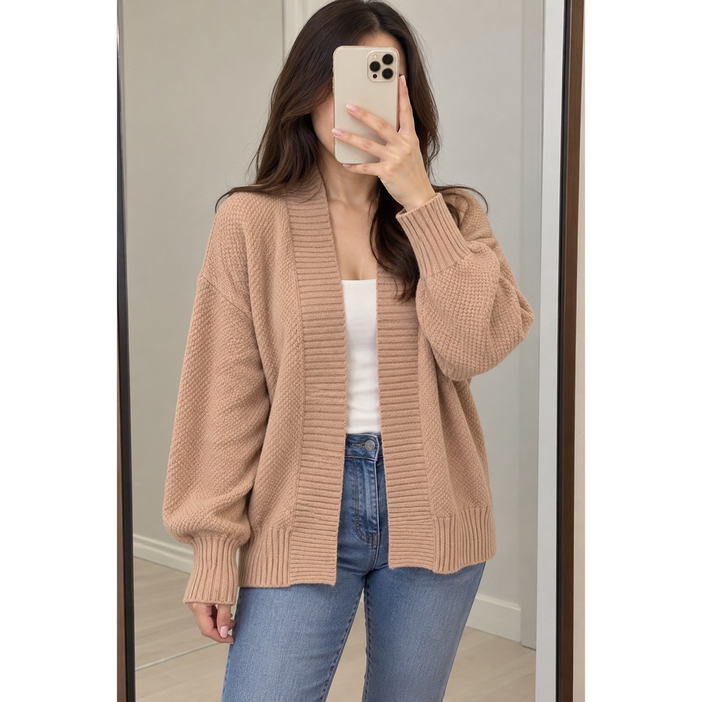Dokotoo Womens Open Front Cardigan Sweater Tan Camel Textured Knit Size M NEW